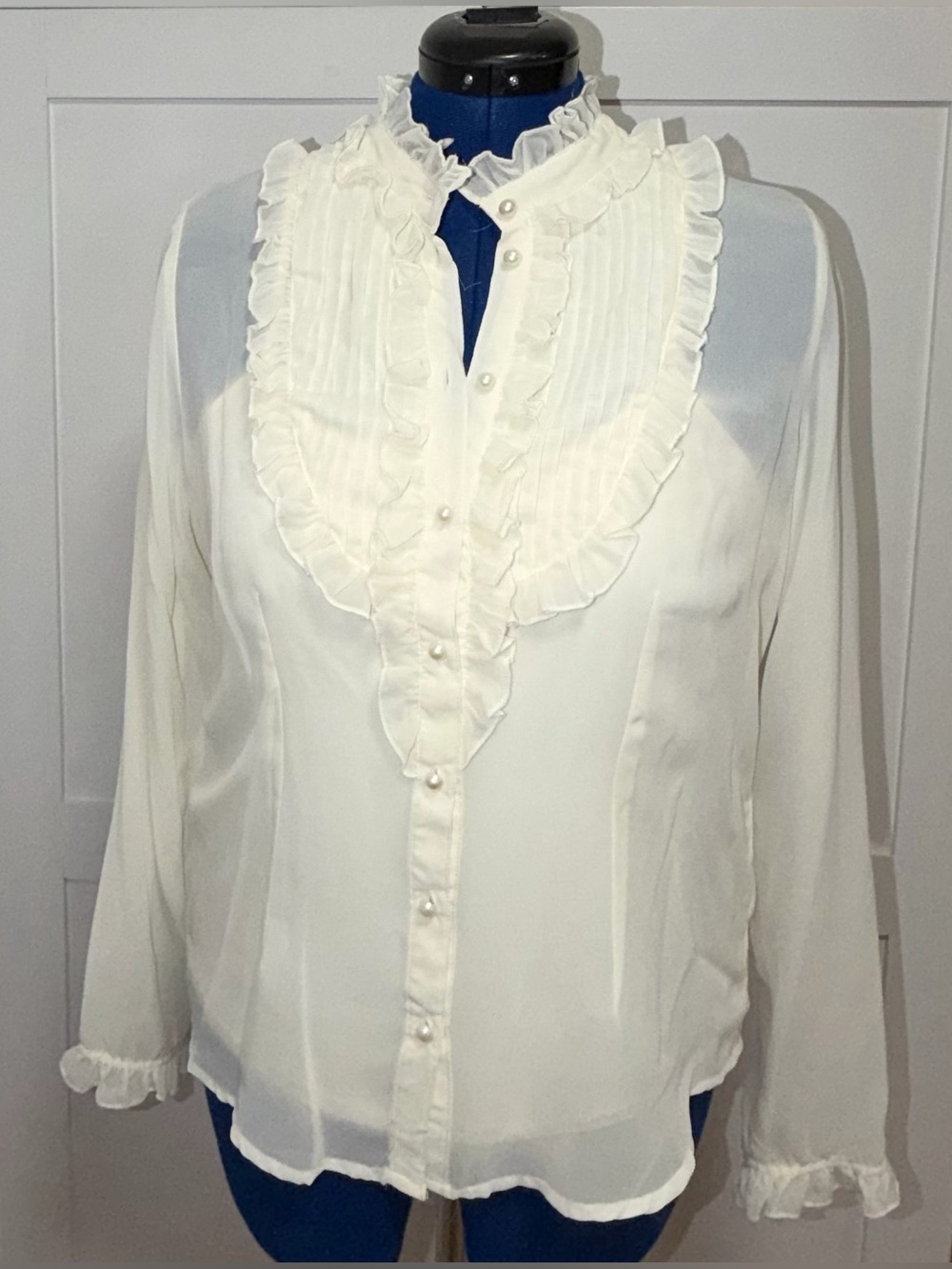Women's Ivory Ruffle Front Blouse - Picture 5 of 12